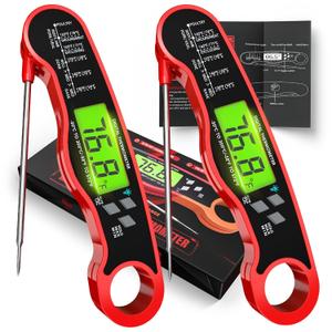 Digital Meat Thermometer for Cooking - IP67 Waterproof Kitchen Thermometer with Backlight and Hold, Fast Instant Read Thermometer, Candy Making, Outside Grill, Stocking Stuffers for Men-2 Pack (Red+Red)
