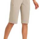 baleaf Womens Bermuda Long Shorts 14" Knee Length Capris High Waisted Athletic Shorts with Pockets Summer Stretch Loose (Medium, Khaki)
