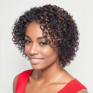 Short Curly Human Hair Wigs for Black Women Lightweight Breathable Highlight Wig Ombre Black and Copper Brazilian Hair 1B/30 Kinky Curly Wigs for Summer