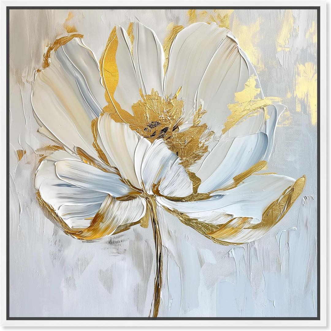 Gold Magnolia II Framed Floral Fine 1 Piece Canvas Wall Art, 17" x 17", White Frame (17L" x 17W")