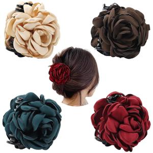 4 Pack Solid Rose Floral Flower Hair Claws Clips Clamps Hairpins Hair Bun Updo Holders Accessories for Women Girls (Beige, Brown, Dark Green, Red)