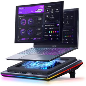 Ilano V12 Ultra Laptop Cooling Pad with Smart Software Control, RGB Gaming Laptop Fan Cooler Stand, 5.5" Turbo Fan, Adjustable Speed, 3-Port USB 3.0 Hub, 3 Height Stands, for 15.6"-19" Laptops, Black