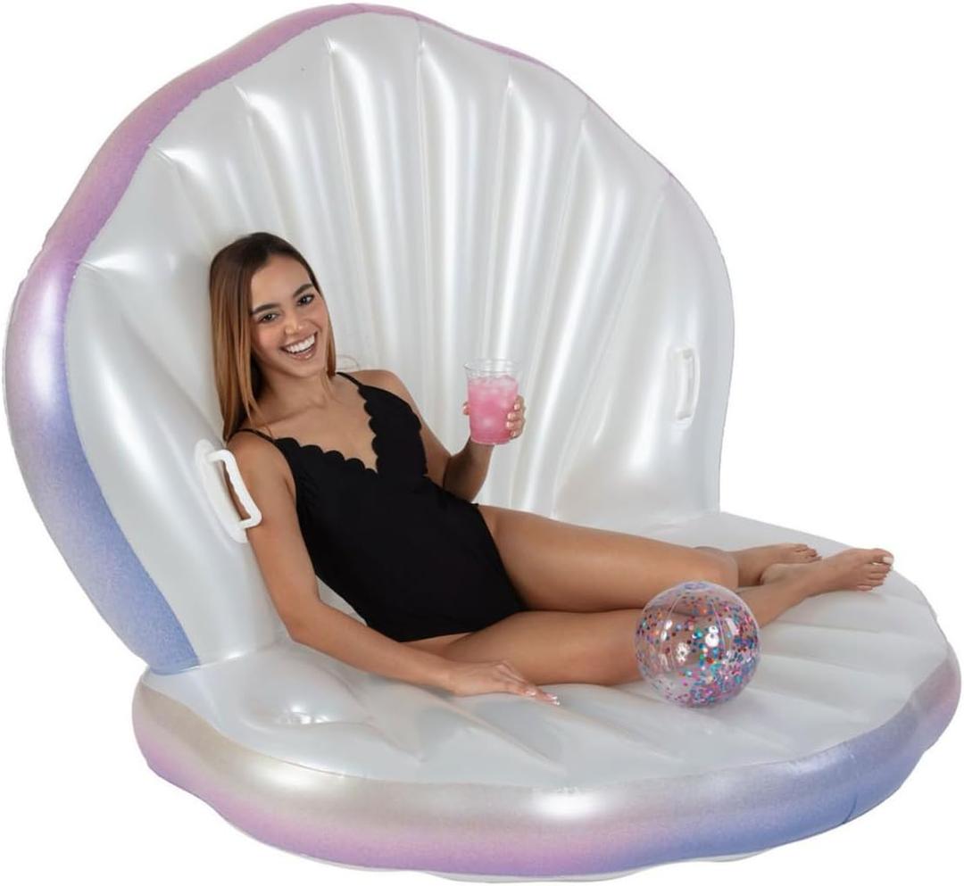 Inflatable Pool Candy Float Giant Oyster Seashell Lounge Sturdy Handle With Glitter Pearl Beach Ball And Cup Holder, Perfect For 1 Or 2 People Hold Up To 400 Ib