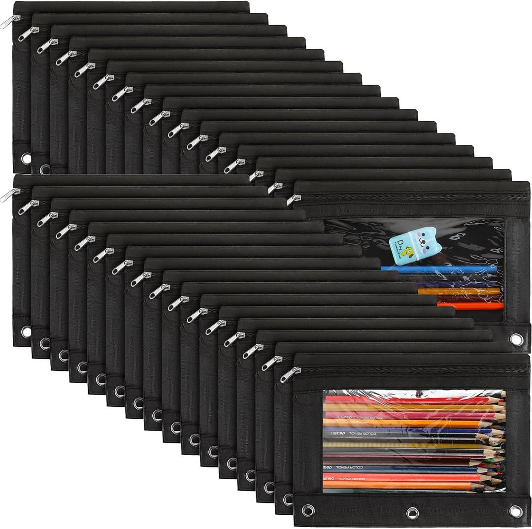 Marspark 30 Packs Pencil Pouch 3 Ring Binder Pen Pouch Cloth Pencil Pouches Zipper Pen Case Bag with Clear Window for School Office Writing Supplies Gifts (Black)