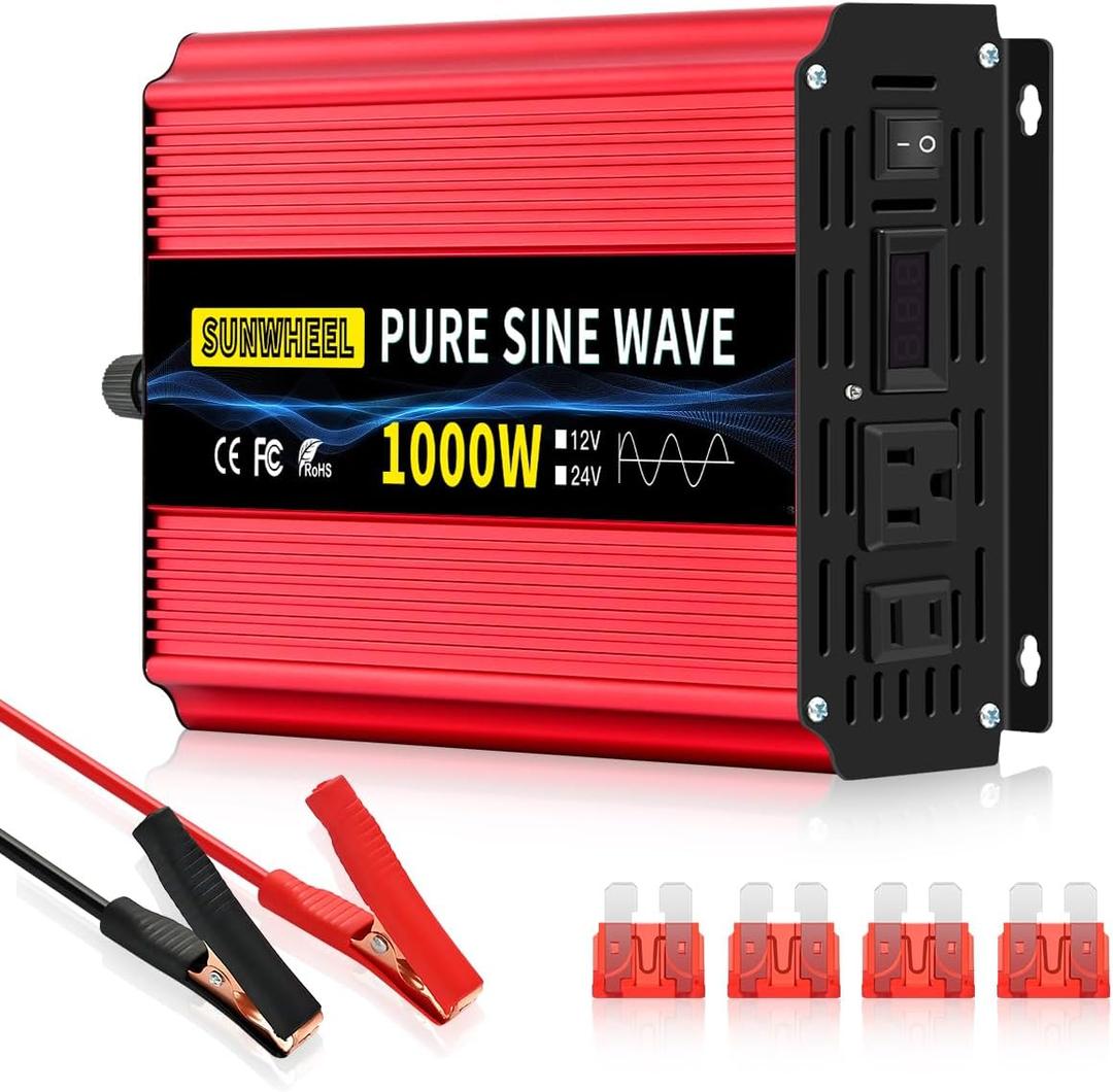 SUNWHEEL 1000W Pure Sine Wave Inverter, 12V DC to 110V/120V AC Power Inverter for RVOff GridTruck with 2 AC outlets and LCD Display
