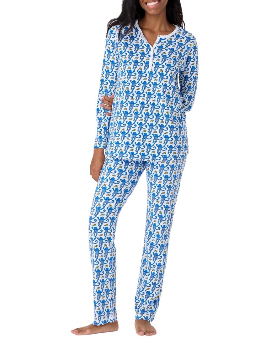 HMPEAIIY Womens Henley Pajamas Set 2 Piece Long Sleeve Monkey Print Lounge Sets Preppy Sleepwear Pjs for Bridal Party, Holiday & Travel Outfit(Blue, Small) (S)