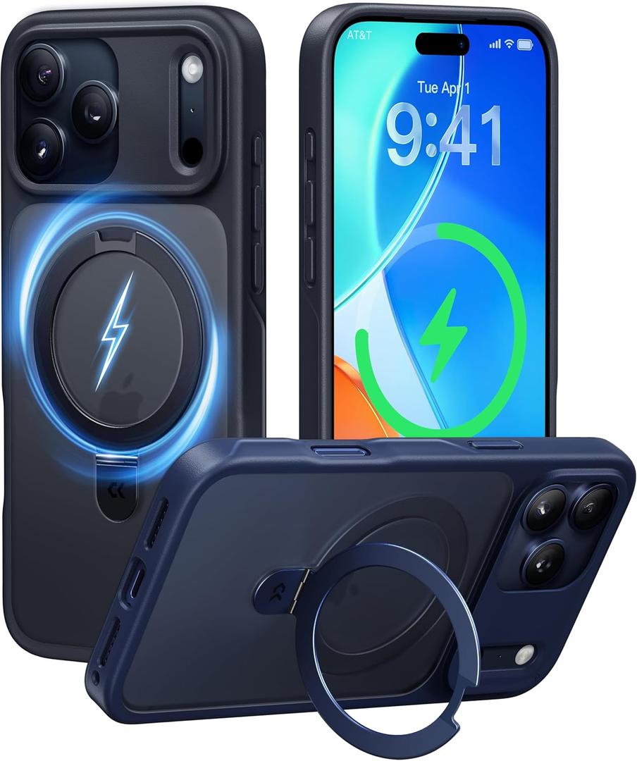 CASEKOO Ultra-Magnetic Stand for iPhone 17 Pro Case [Military Drop Protection] [Compatible with MagSafe] Shockproof Translucent Matte Slim Ring Holder Case for iPhone 17 Pro 6.3", Black