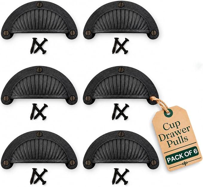 The Renovator's Supply Black Cast Iron Bin Cup Pull Handles 3 7/8" – Pack of 6 Cabinet Drawer Hardware
