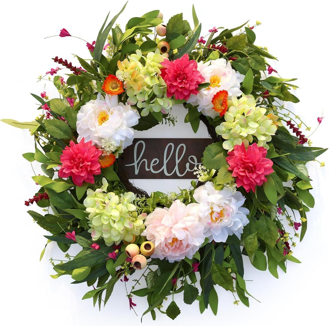24" Spring Summer Wreaths for Front Door with Hello Sign,Hydrangea Wreath with Dasiy Peonies Berries Eucalyptus.Greenery Wreath for Front Door,Porch,Farmhouse,Wall,Window Indoor Outdoor Decor