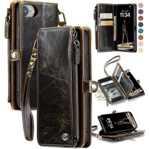 Defencase Compatible with iPhone SE 2020 2022 Case Wallet with RFID Blocking Card Holder for Women Men, Soft PU Leather Magnetic Snap Flip Zipper Strap Wallet Phone Case Fit for iPhone SE/7/8, Coffee