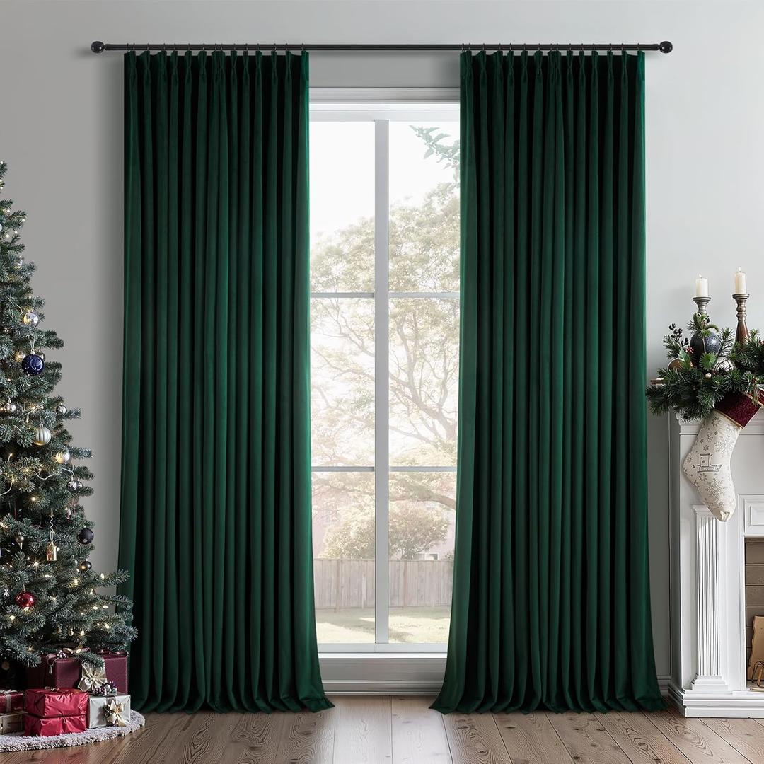 Drapenova102 Inches Long Green Velvet Curtains for Bedroom Living Room Eelgant Pinch Pleated Room Darkening Thermal Insulated Drapes with Hooks & Back Tab,Christmas Green Decorative Curtain 2 Panels