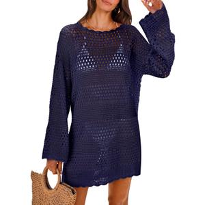 ANRABESS Women Swimsuit Crochet Swim Cover Up 2025 Summer Bathing Suit Swimwear Mesh Knit Beach Dress Vacation Outfits (Large, Navy Blue)