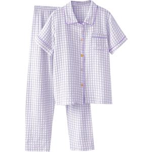 Womens Gingham Pajama Set Cotton Cute Pj Set Color Block Shirts 2 Piece Bridal Sleepwear Plaid Lounge Set (Purple, XXL)