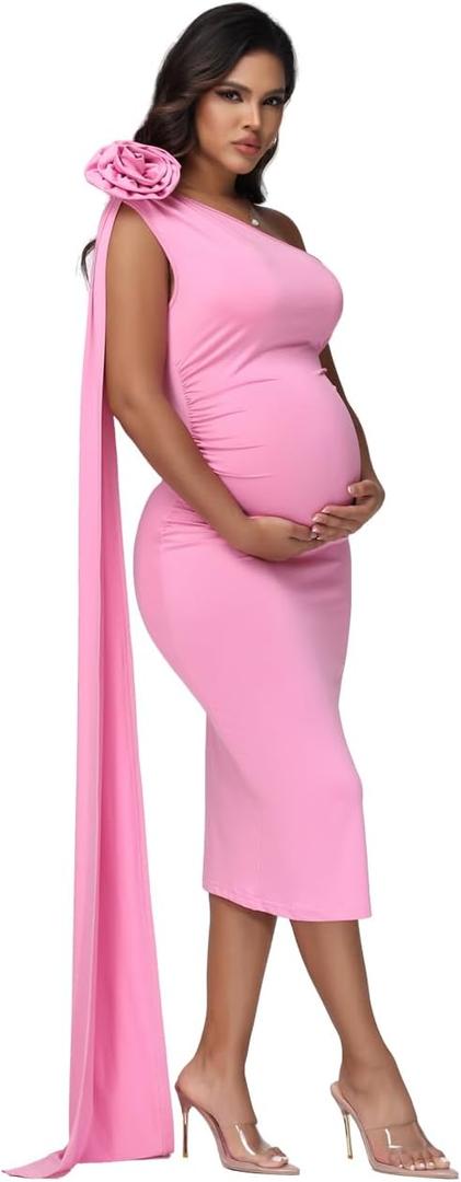 Maternity One Shoulder Bodycon Midi Dress for Baby Shower Small
