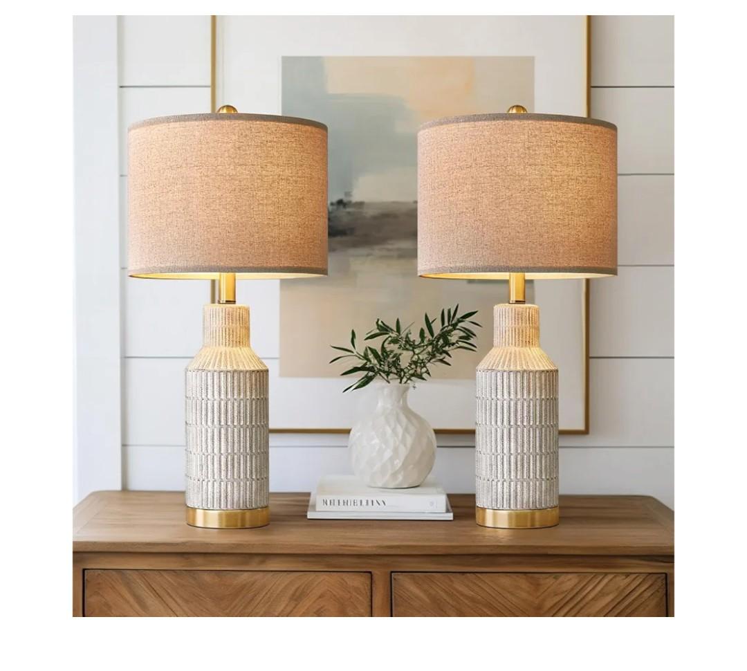 25" Table Lamps Set of 2 - Modern Bedside Lamps for Living Room - White Washed Ceramic Nightstand Lamps for Bedroom