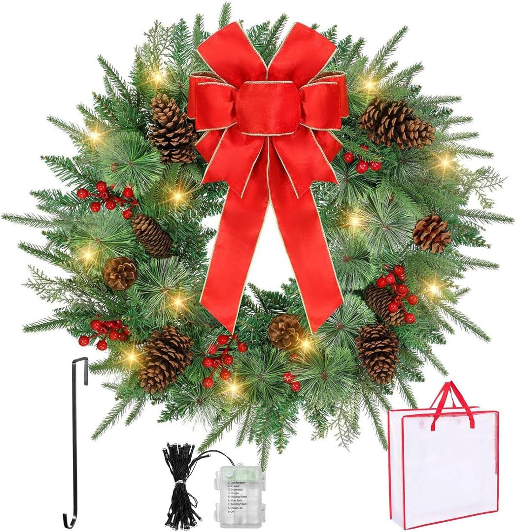 26 Inch Christmas Wreath Decorations,Artificial Wreaths with 50 LED Lights 8 Modes & Timer,Battery Operated 144 PVC Tips,Large Red Bow,Pine Cones,Berries for Front Door,Indoor/Outdoor Holiday Decor