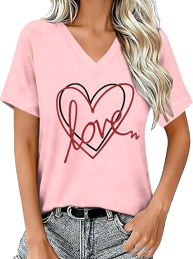 TIEEI Valentines Shirts for Women V-Neck Valentine Day T-Shirt Love Tee Heart Tops, XXL