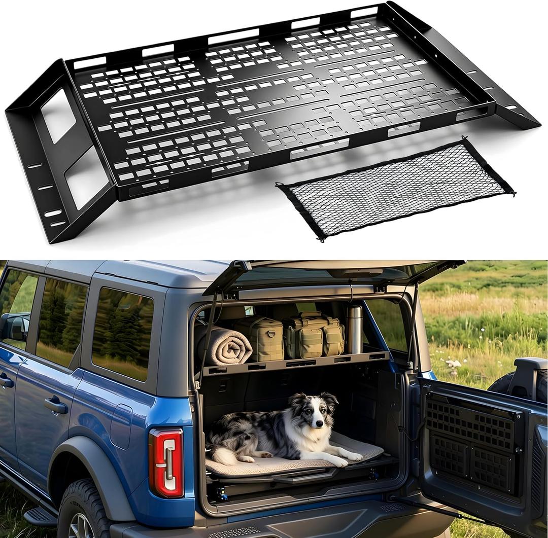 Interior Rear Cargo Basket Rack Fit for 2021-2026 Ford Bronco 4 Door Hardtop, Elevated Storage Shelf with Cooler Clearance, Overlanding Organizer with Bonus Cargo Net (Not for Softtop)