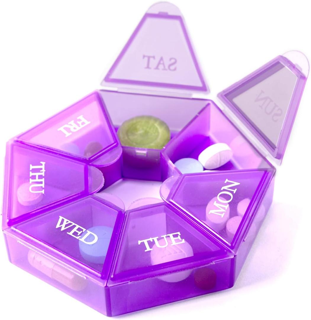 Deke Home - Small Weekly Pill Organizer, Round Pill Dispenser for Travel, Mini Pill Organizer, Compact Medicine Holder, Pill Sorters 7 Days, Portable Vitamin Container, BPA Free (Food Grade) (Purple)