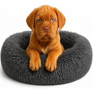 Calming Dog Bed - Fluffy Donut Cuddler for Anxiety Relief, Orthopedic Pet Bed with Non-Slip Bottom, Cozy Round Faux Fur Nest for Dogs and Cats, Plush Crate Mat for Comfort (Dark Grey, Small)