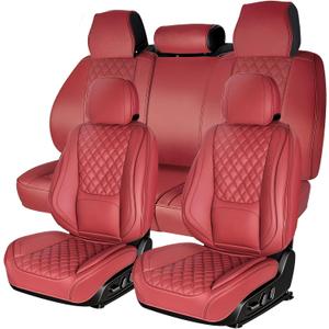 Car Seat Covers Full Set, Red Faux Leather Waterproof Seat Protectors, Breathable with Lumbar Support, Front Seats Back Seat Covers,Wear-Resistant Universal Fit for Most Cars, Trucks, SUV