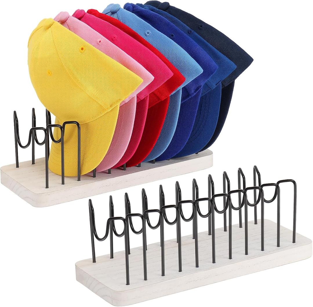 Hat Organizer for Baseball Caps, Hat Rack Stand for 20 Hats Wood Metal Hat Holder Storage Baseball Cap Organizer for Closet Dresser Desk (White, 2 Packs)