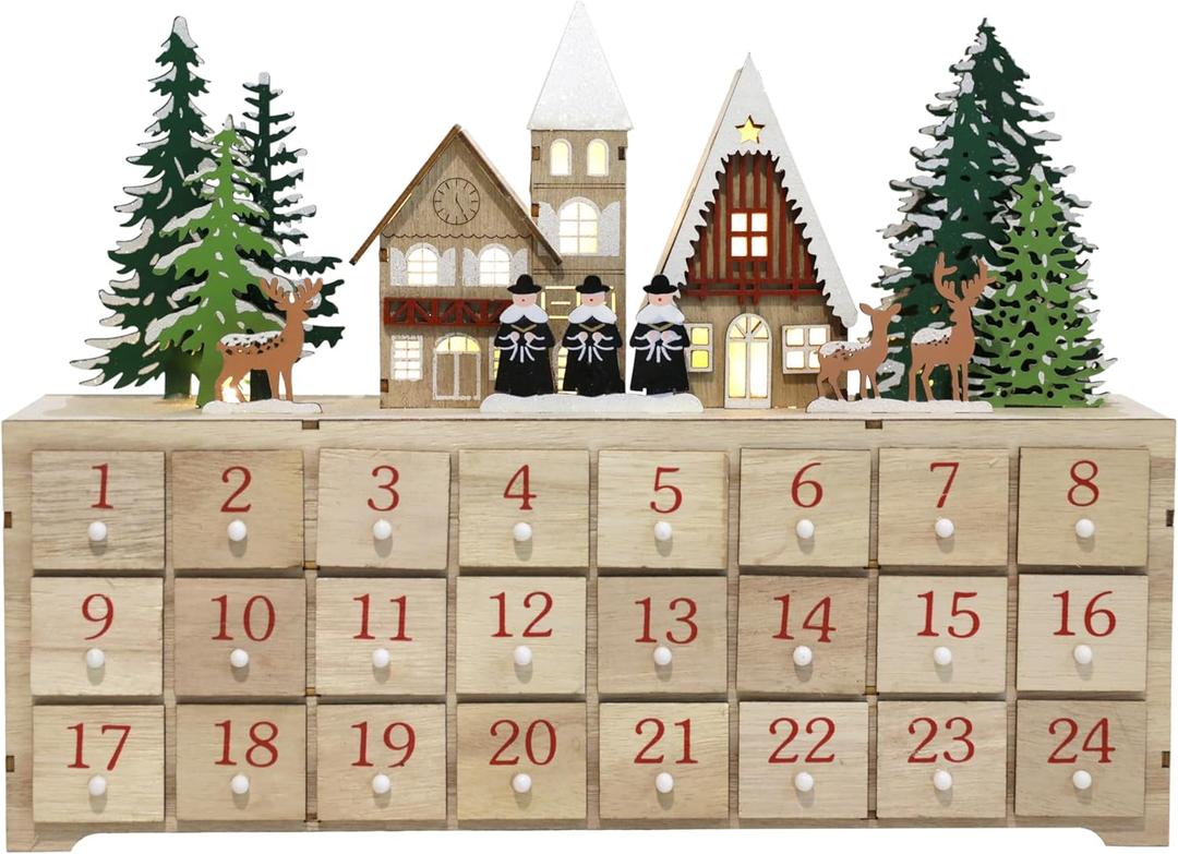 Wooden Advent Calendar with LED Lights, 24 Drawers Countdown to Christmas, Barn House Design, Holiday Decoration with Reindeer, Perfect for Kids and Adults, 14.8 x 10.63 x 3.15"