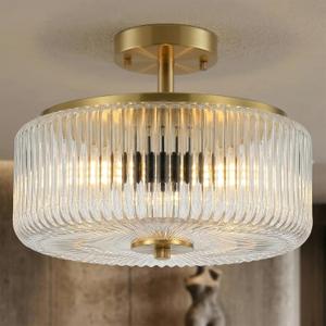 3-Light Gold Semi Flush Mount Ceiling Light, 11.8" Modern Hallway Light Fixtures Ceiling Mount with Ribbed Clear Glass Shade, Bright Close to Ceiling Lamp for Bedroom/Kitchen/Entryway/Dining Room