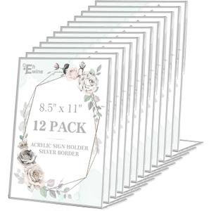 EHWINE 12 Pack Acrylic Sign Holder 8.5 x 11, Silver Picture Frame Stand up Table Top Sign Holders, Slanted Back Paper Holder Clear Display Stand Menu Flyer Holder for Wedding Party