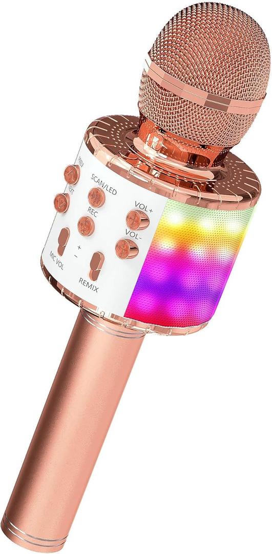 OVELLIC Karaoke Microphone for Kids, Wireless Bluetooth Karaoke Microphone with LED Lights, Portable Handheld Mic Speaker Machine, Great Gifts Toys for Girls Boys Adults All Age (Rose Gold)