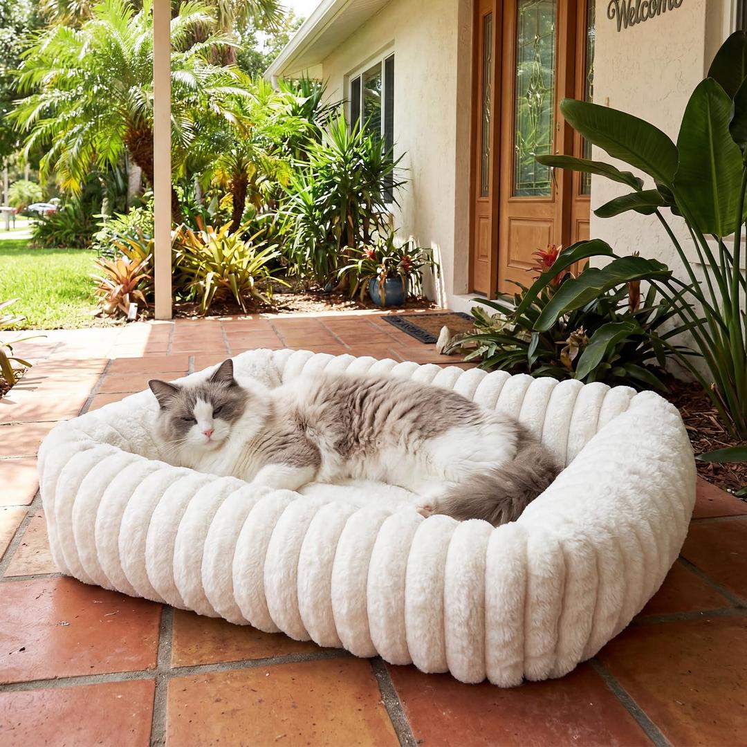Square Cat Bed Orthopedic Pet Bed with Pillow Super Soft Rabbit Fur Small Dog Beds, Calming Plush Kitten Bed with Removable Washable Cover & Anti-Slip Bottom Bed for Cats self Warming