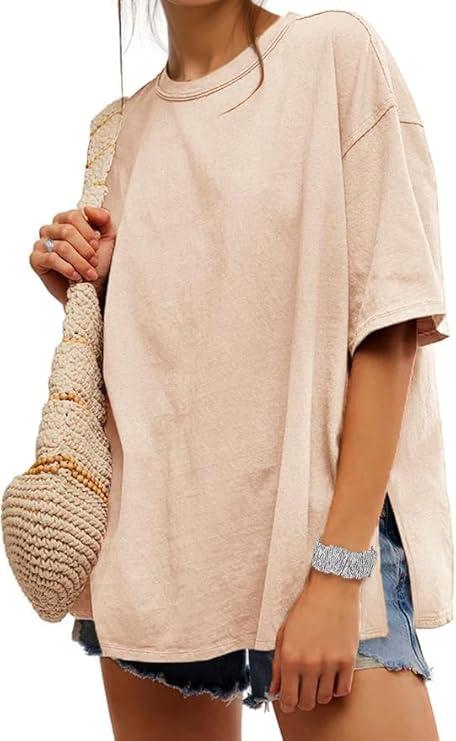 UNCLECAT Womens Oversized T Shirts Summer Trendy Short Sleeve Crew Neck Tops Loose Fit Side Slit Tee, S, Khaki
