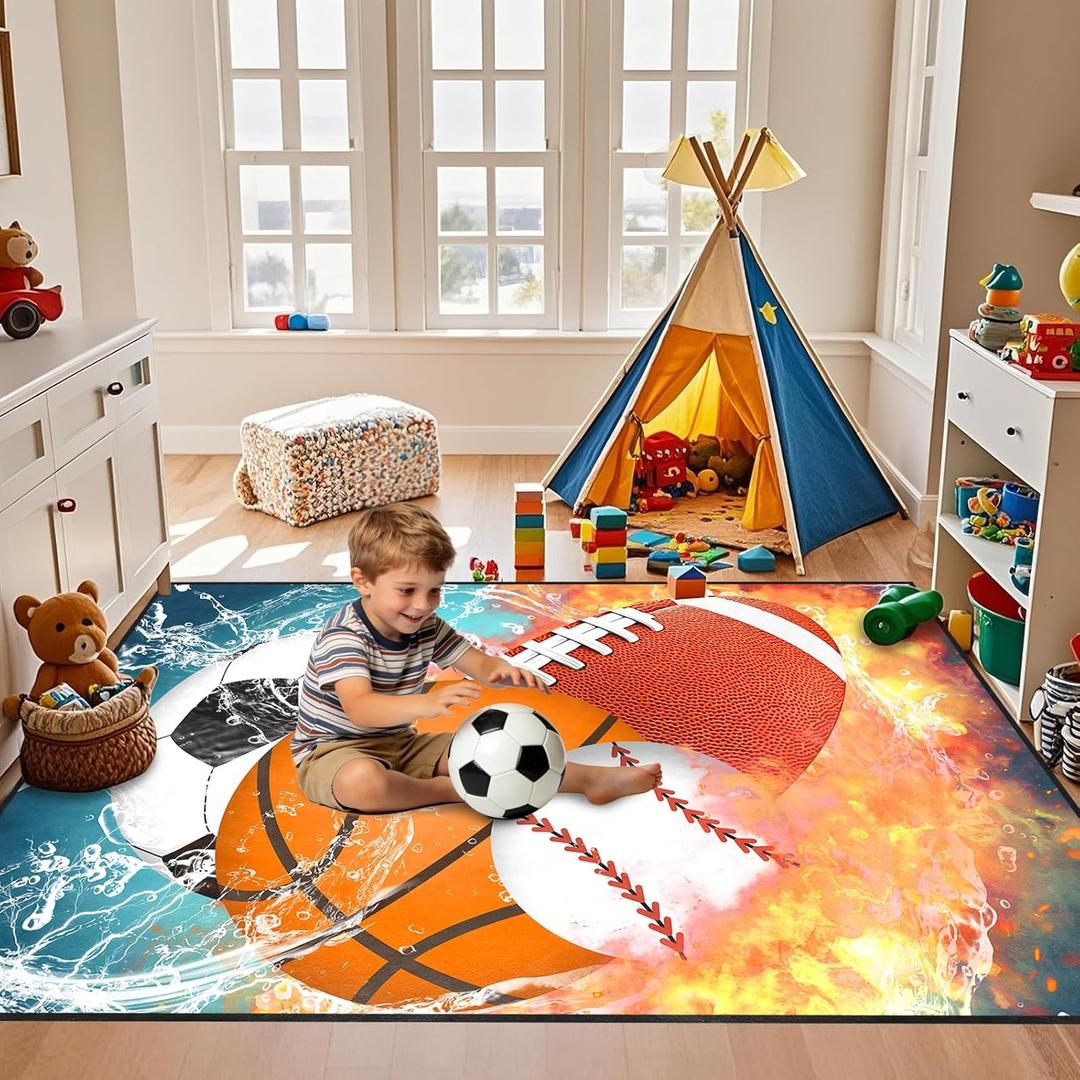 Basketball Rug for Boys Bedroom Kids Football Carpet Water Fire Sports Rugs for Boys Bedroom Baseball, Soccer Rug for Playroom Living Room Decor Sofa Mat, 4x5 Feet (Multi-587)