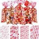 Blulu Valentines Treat Bags 100 Pcs Valentine Candy Cellphone Bag 4 Styles Plastic Heart Cookie Bags Gift with 200 Pieces Twist Ties for Party Supplies(100 Pcs,C Style)