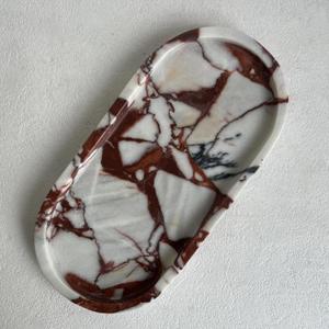 Natural Marble Oval Tray Ornaments Vintage Small Tray Storage Dish for Counter, Vanity, Dresser, Nightstand and Desk (Calacatta Red)