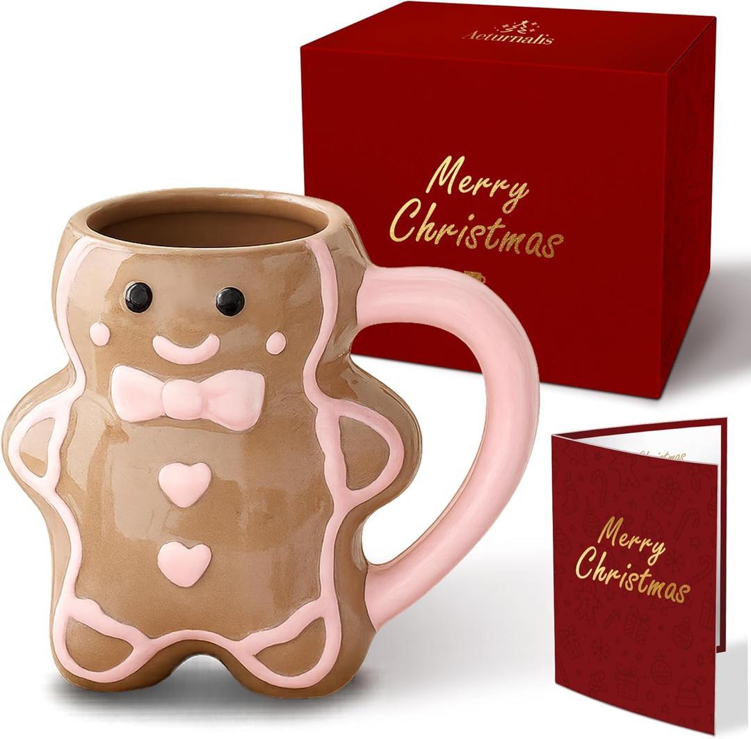 Christmas Mugs - Holiday Card & Gift Box Included - Gingerbread Man Design - Funny & Cute Coffee Christmas Mug - Perfect for Mom Kids Dad Gifts 13 Oz (Brown)
