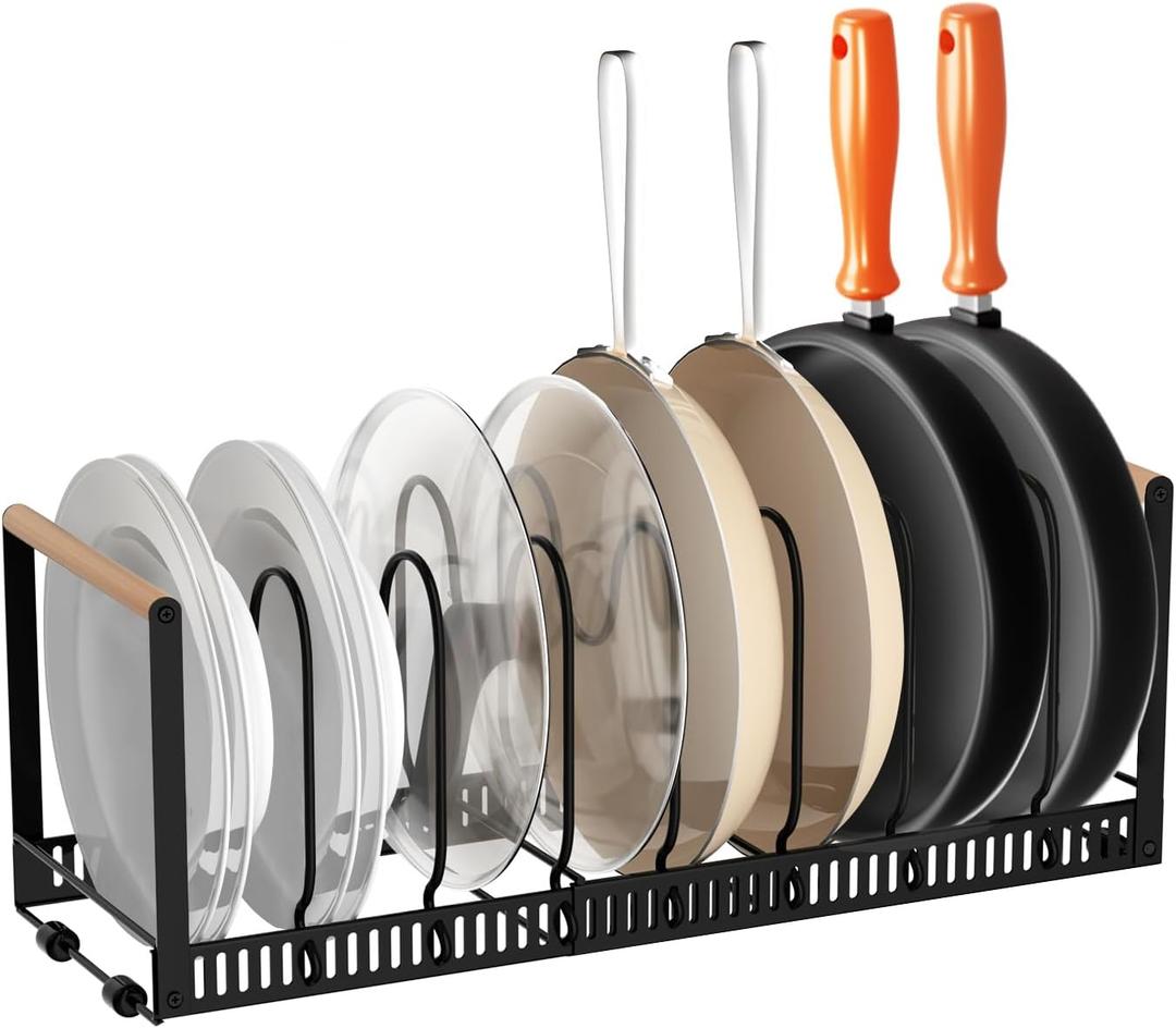 Pot and Pan Organizer for under Cabinet, Expandable Pan Lid Organizer for Kitchen Organizers and Storage, Upgraded with Adjustable Dividers and Wooden Handles