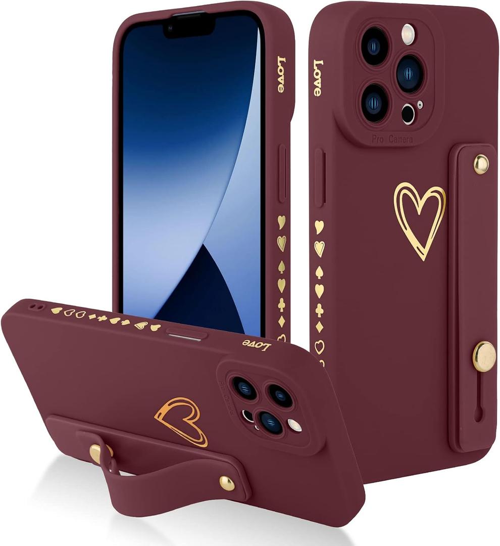 Fiyart Designed for iPhone 14 Pro Case with Phone Stand Holder Cute Love Hearts Pattern Slim Protective Camera Protection Cover with Wrist Strap for Women Girls for iPhone 14 Pro 6.1"-Wine Red