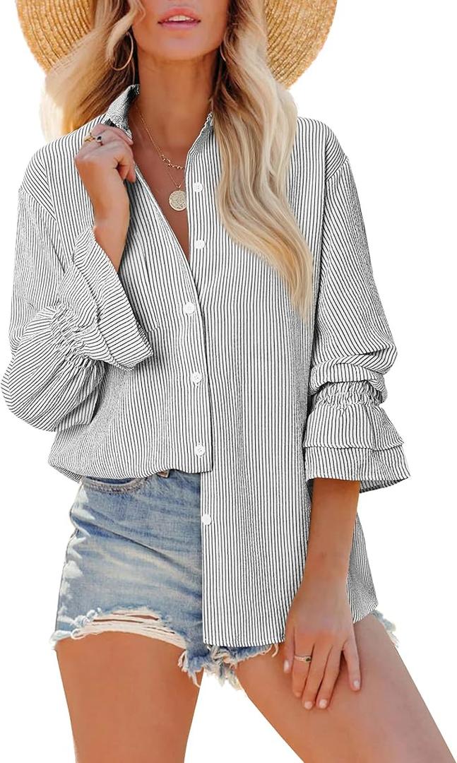 Black and White Striped Shirt Women Smocked Cuffed Oversized Boyfriend Blouse Loose fit Tunic Dressy Casual Collared Shirt Button Up High Low Hem Tops Long Sleeve Y2k Business Casual Fall Clothes, Size Small
