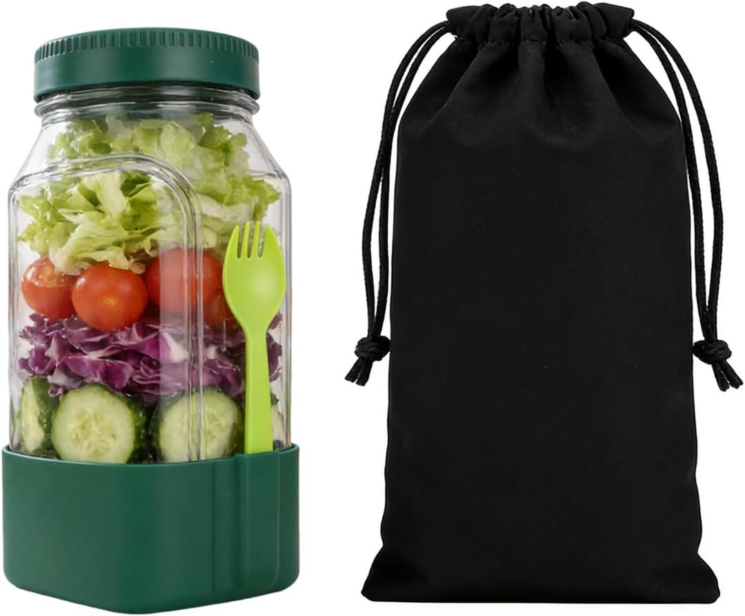 2026 Upgraded Salad Dressing Container & Salad Jar with Side Opening, Leakproof Base, Integrated Fork & On-The-Go Storage Bag, Reusable Salad Container for Lunch