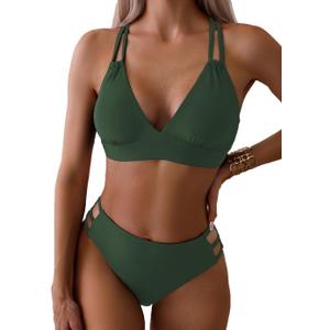 Tainehs Women's Push Up V Neck Bikini Sets Criss Cross Back Two Piece Bathing Suit (Medium, Army Green)