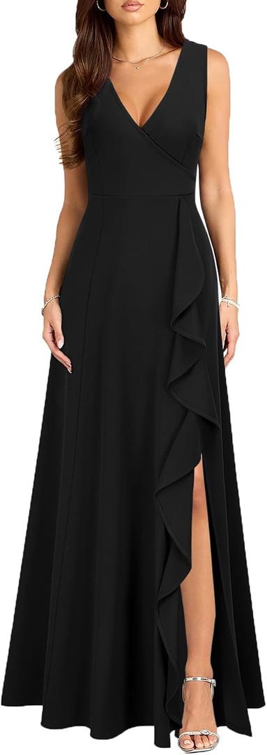 MUSHARE Women's V-Neck Sexy Split Cocktail Dress with Pockets Ruffle Party Long Formal Dress, XL