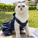 ANIAC Denim Dog Dresses for Small Dogs Puppy Girl Clothes with Leash Ring and Cute Bow Knot Summer Cat Apparel with D-Ring Blue Girl Dog Clothes (DAR Blue,Large)