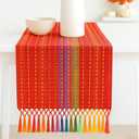 PurpleEssences Table Runner - Wide with Dobby Stripe, Heavy Ribbed Weave & Double Knot Fringes, 14x72 Inch (14x77.5 with Fringes) Farmhouse Decor Spring Easter Summer - Spice