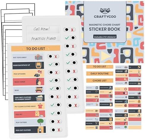 CRAFTYCOO Magnetic Checklist Chore Board with Chore Sticker Book, Chores Chart for Kids, Set of 2 Magnetic Customizable Chore Charts with Insert Paper and 212 Stickers, Chore Chart for Multiple Kids