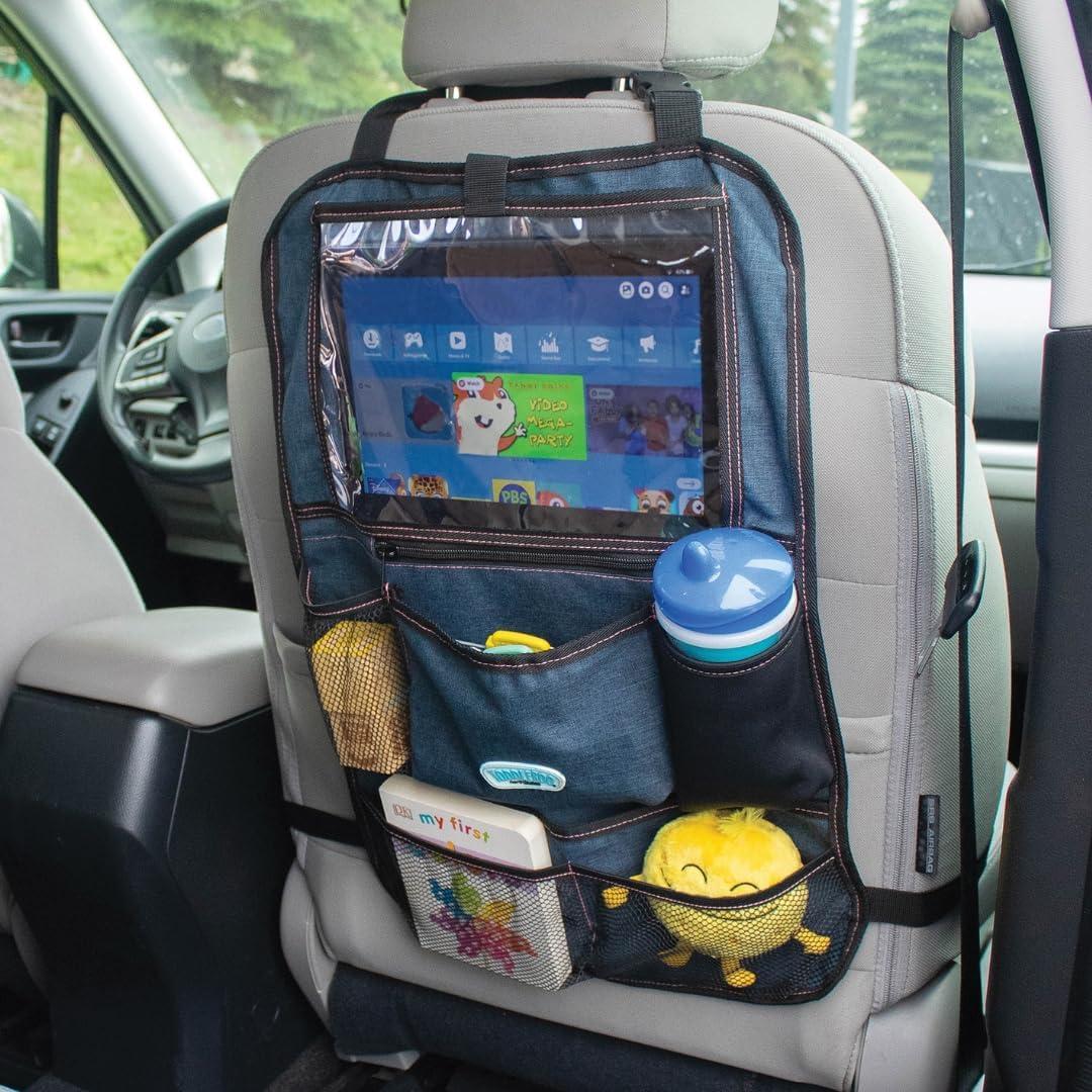Toddleroo by North States - Hanging Car Organizer: Back Seat Car Storage Bag & Seat Back Protector - Insulated Cup Holder, 7 Storage Pockets & Tablet Holder - Navy