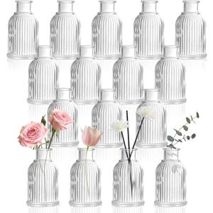 DomeStar 16PCS Glass Bud Vases for Flowers, 3.8inch Small Flower Vase in Bulk Clear Mini Ribbed Vases for Centerpieces Suitable for Modern Wedding Reception Baby Shower Table Decorations