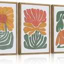 Large Abstract Boho Floral Wall Art Set Colorful Botanical Wood Wall Decor Modern Mid Century Artwork Neutral Bohemian Art Decor for Living Room Bedroom Office-16x24Inch x3