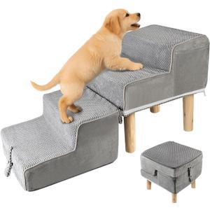 Ottoman Dog Ramp Split  Foldable 4-Step Dog Steps for Bed, Couch Height, Pet Stairs for Small, Medium, Older Cats, Puppy to Go on Bed, Anti-Slip, Washable Cover & Pocket, 135lb Capacity