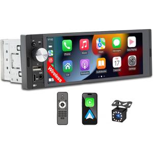 Single DIN Car Stereo with Wireless Apple CarPlay Car Radio Android Auto, 6.36" IPS Touchscreen, Bluetooth 5.2, FM/AM RDS Radio, Backup Camera Support, Type-C & Dual USB, 4x60W Audio Output
